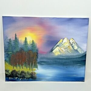 Oil on Canvas Painting Signed Student Art‎ 16 x 20 Sunset Wooded Lake Mountain